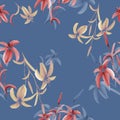 Seamless pattern of red and yellow flowers of lily on a deep blue background. Watercolor Royalty Free Stock Photo